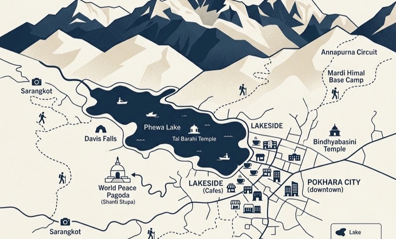 Illustrated map of Pokhara between lake, city, and sky