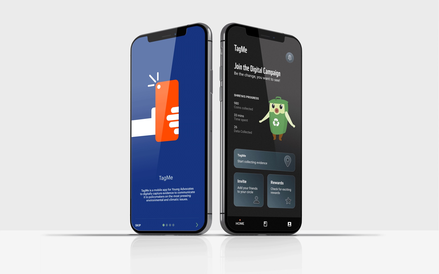 TagMe shown on two phones: the report screen and the rewards screen.