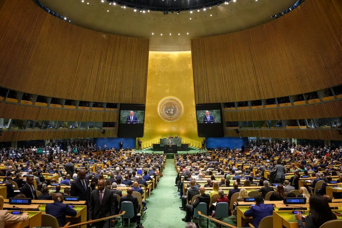 The UN General Assembly hall in session during the UN's 80th anniversary